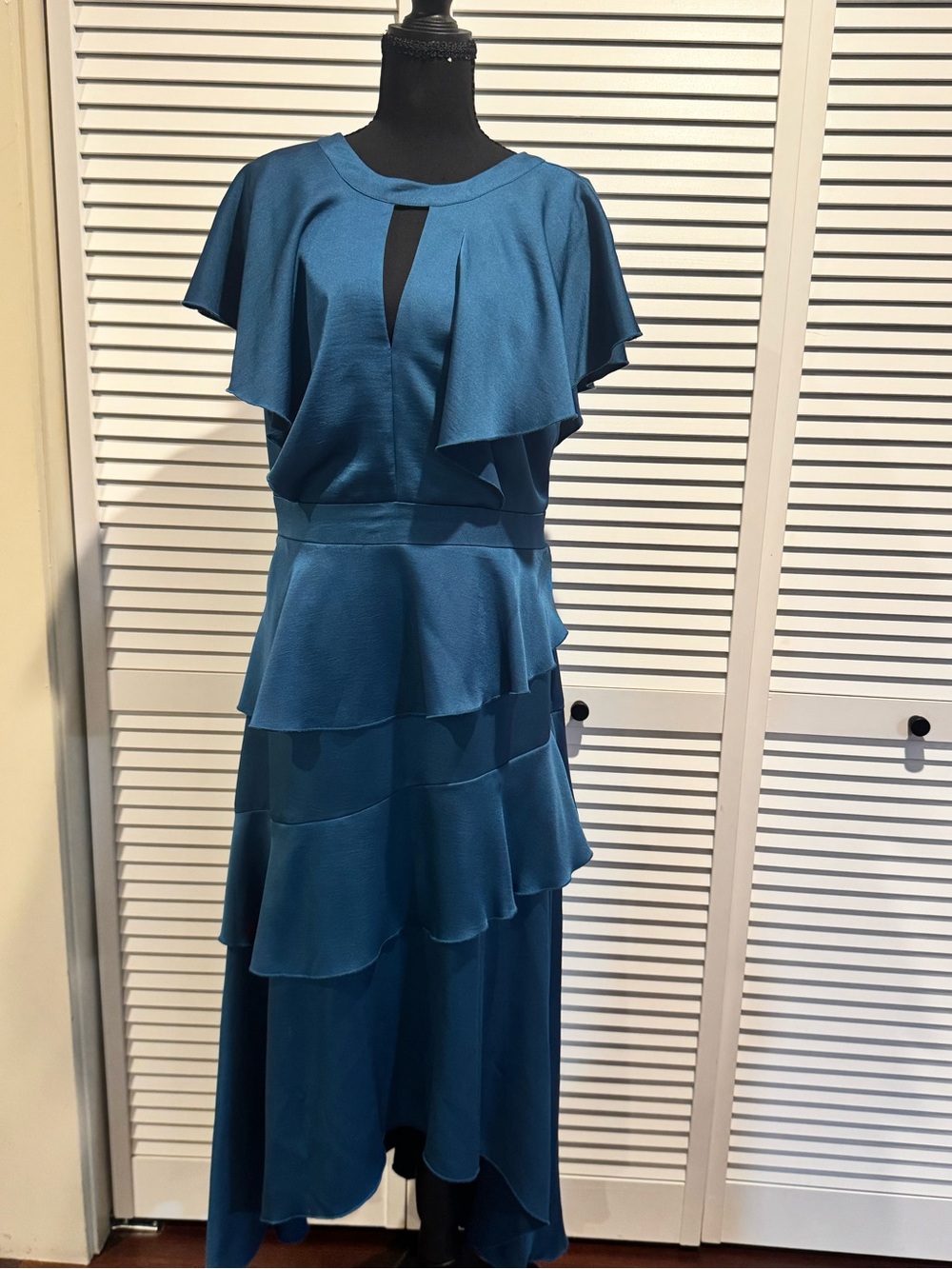 Teal Blue Layered High-Low Ruffle Dress with Keyhole & Cape like shoulders